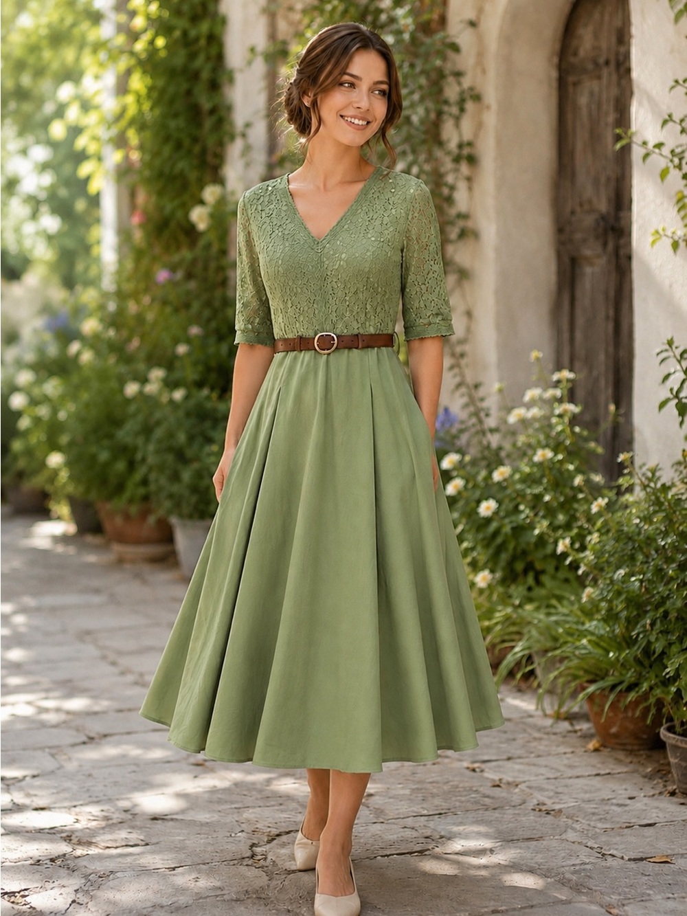 Olive Green Lace Midi Dress with Belt 191